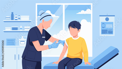 Obraz na plátně Medical professional administering vaccine to a young boy in a clinic setting