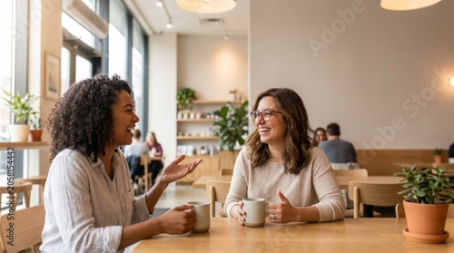 Two diverse women friends laughing and talking over coffee in a bright, modern cafe with plants