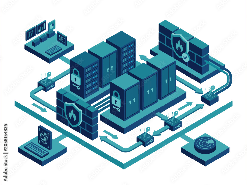 Fototapeta premium Isometric data center network servers with cooling system and digital infrastructure illustration