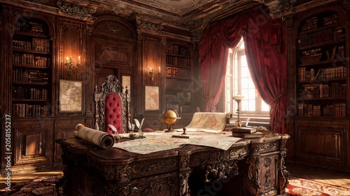 Luxury royal palace hall with majestic architecture, ornate golden details and polished marble floor.