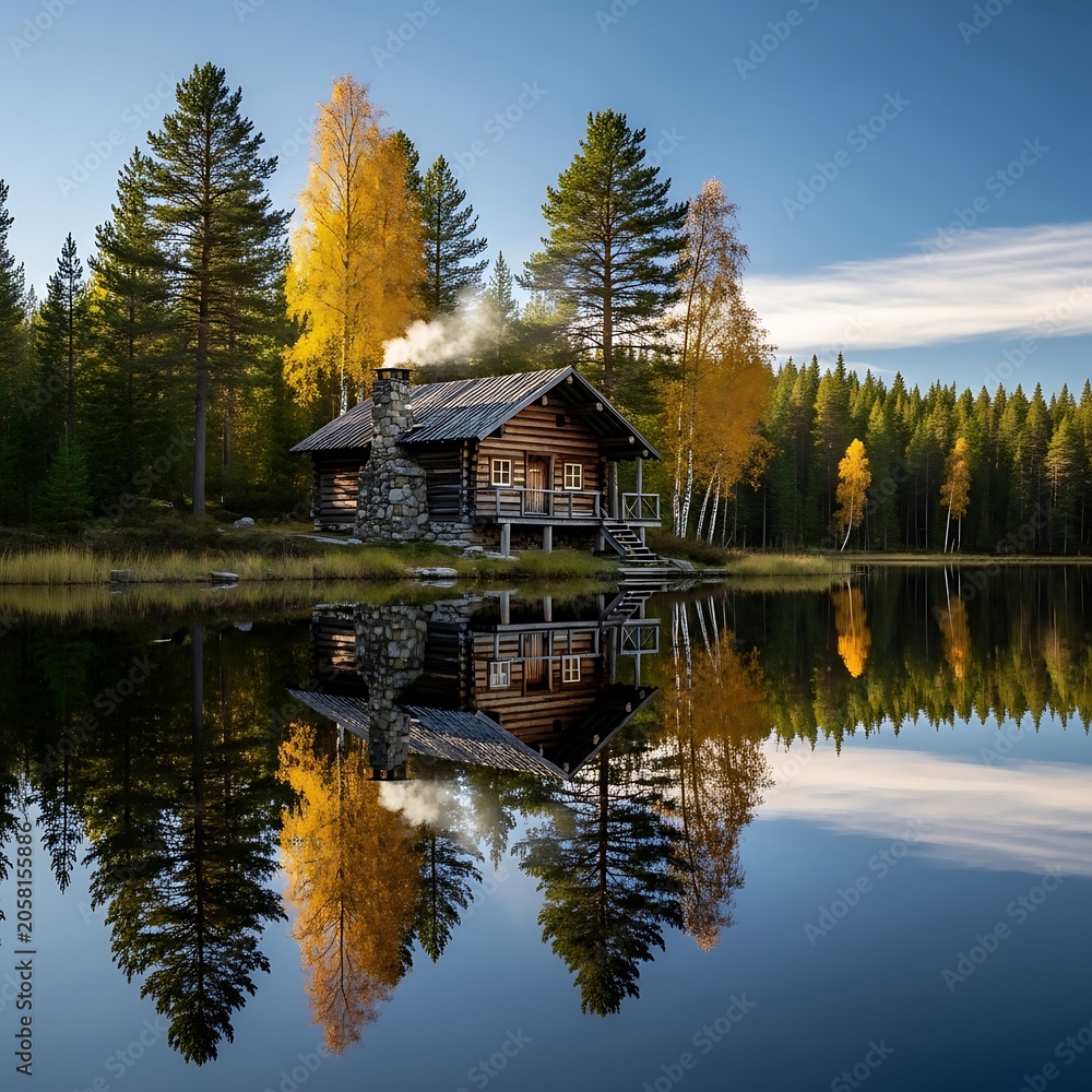 Fototapeta premium Autumn forest lake with rustic cabin reflection.
