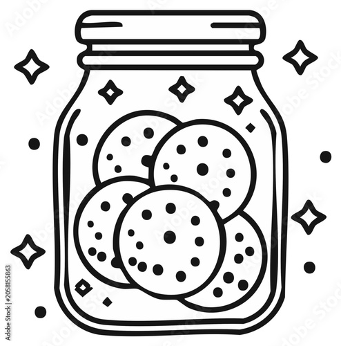 Hand drawn outline illustration of cookies in a jar with sparkle elements