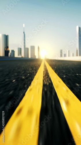 Smooth dolly forward over pristine empty asphalt road with double yellow lines, leading to bright golden horizon and modern cityscape in bokeh, golden hour glow, concept of future vision and