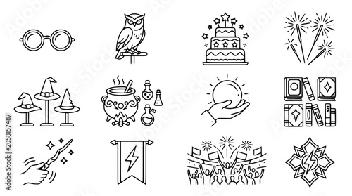 Fotografie Magic and Wizardry Icons: Glasses, Owl, Cake, Fireworks, Hats, Potions, Crystal