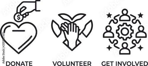 Tableau sur toile Donation Volunteering And Community Involvement Line Icons On White Background