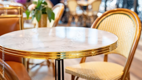 Marble table reflects shapes of chairs in a French brasserie