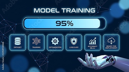 Advanced AI Model Training Progress at 95%, Showing Dataset, Neural Network Training, Optimization, and Ready for Deployment