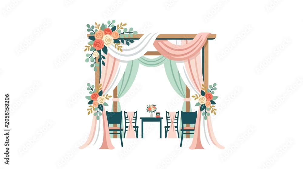 Fototapeta premium Wedding Arch Decor with Flowers and Drapes, Romantic Ceremony Setup