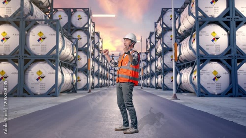 Full Body Side View Of Asian Male Engineer With Safety Helmet Screaming Goal Celebrating Working at Industrial Chemical Tank Container Storage Facility