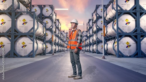 Full Body Side View Of Asian Male Engineer With Safety Helmet Thinking And Looking Around Then Raising His Index Finger While Standing at Industrial Chemical Tank Container Storage Facility