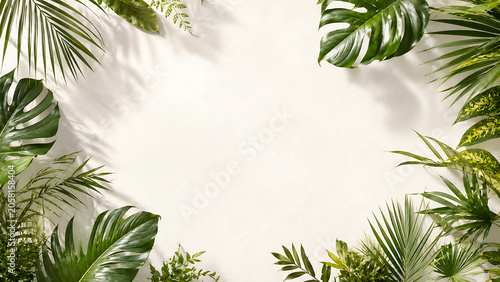 Tropical green leaves frame on white concrete wall with soft shadows and copy space.