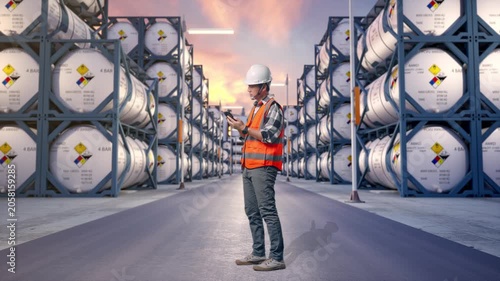 Full Body Side View Of Asian Male Engineer With Safety Helmet Using Smartphone And Looking Around While Standing at Industrial Chemical Tank Container Storage Facility