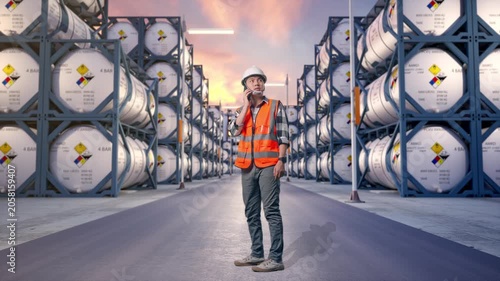 Full Body Side View Of Asian Male Engineer With Safety Helmet Talking On Smartphone While Standing at Industrial Chemical Tank Container Storage Facility