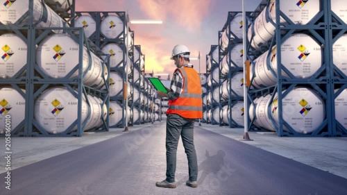 Full Body Back View Of Asian Male Engineer With Safety Helmet Working On A Green Screen Tablet And Looking Around While Standing at Industrial Chemical Tank Container Storage Facility