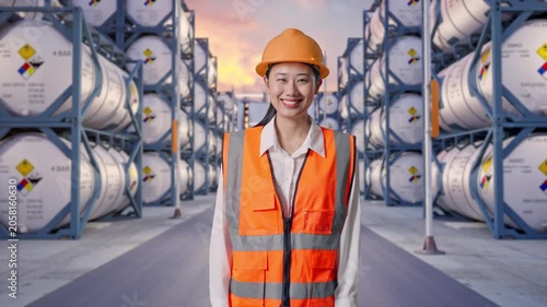Asian Female Engineer With Safety Helmet Smiling To Camera While Standing at Industrial Chemical Tank Container Storage Facility