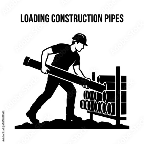Construction Worker Handling Large Loading Construction Pipes.