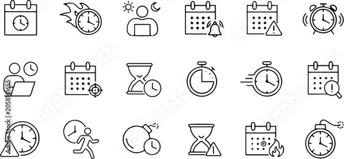 Photos Time Management and Deadline Urgency Line Icon Set for Productivity Scheduling W