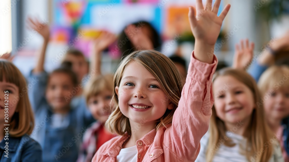 Fototapeta premium Children raise hands to participate in classroom discussions during lessons