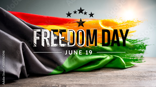 Freedom Day June 19 banner with Pan-African colors and national symbolism. Concept of emancipation, Black history, cultural heritage, equality and celebration.