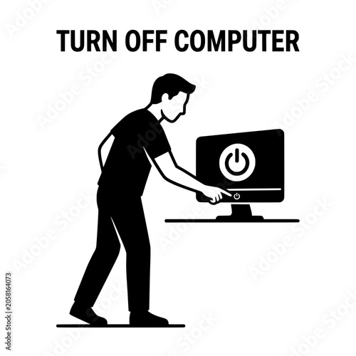 Person Turning Off Computer Power Button Illustration.