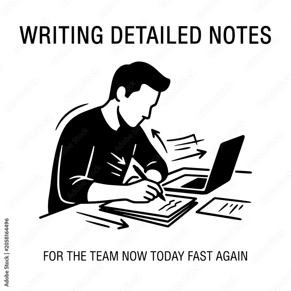 Naklejka premium Person Writing Notes with Laptop and Papers.