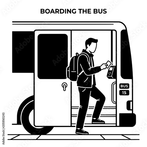 Young Man Boarding Bus with Backpack Using Smartphone.