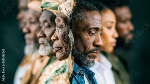 Multi-generational portrait of diverse Black individuals in profile. Concept of heritage, identity, unity, culture, diversity, inclusion and community strength. black history month.