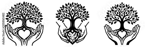Tree Of Life Logo Set With Hands And Roots