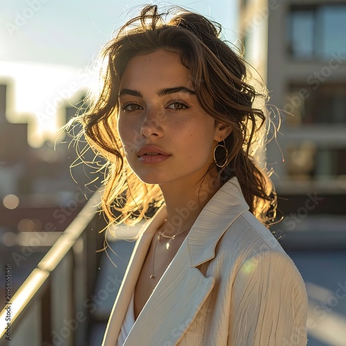 A young woman with wavy hair and a white blazer on a city rooftop