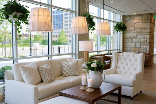 The workspace has hanging plants, neutral furniture, and natural light.