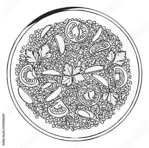 Tabouleh salad top view minimalist line art. Generative AI