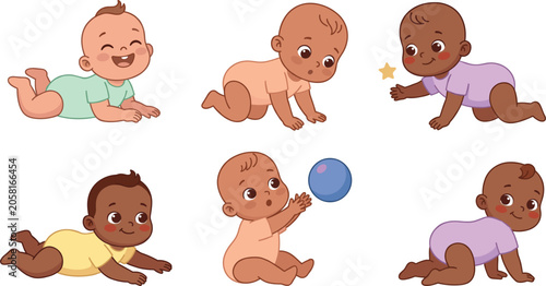 Cute multicultural babies cartoon character vector set with diverse infants crawling sitting playing ball smiling happy newborn milestone sticker icon