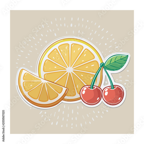 Flat Design Illustration of Orange Slice and Cherries