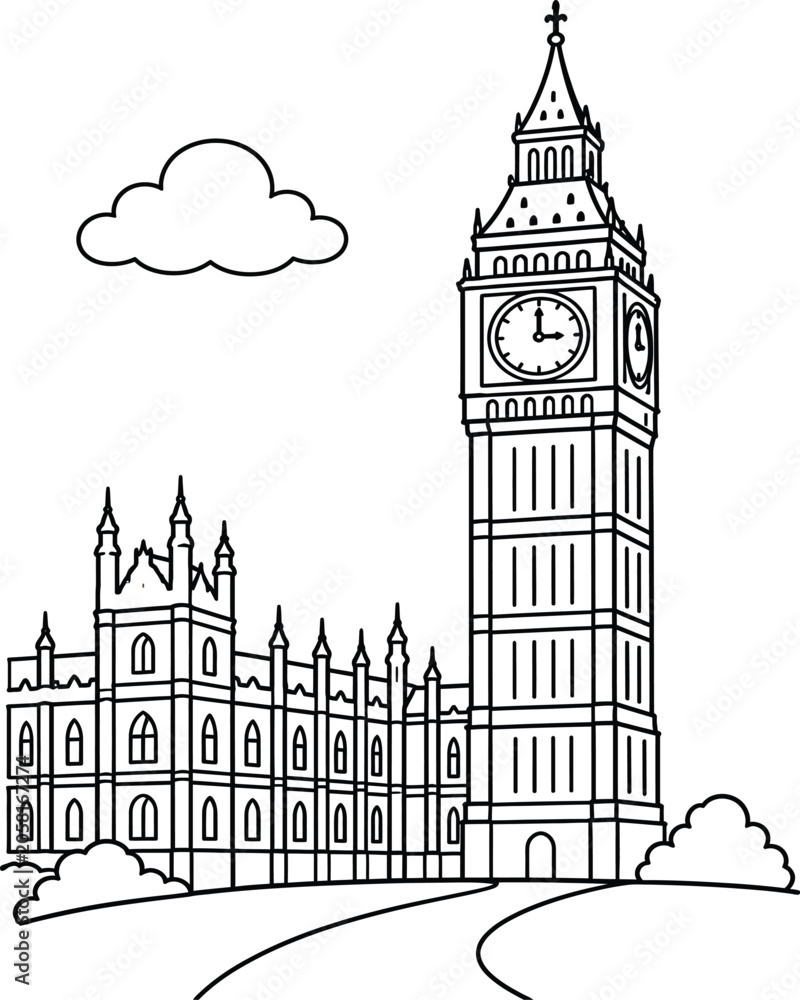 Fototapeta premium Big Ben and Houses of Parliament Line Art Illustration