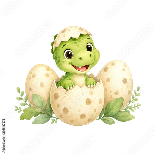 Cute Baby Dinosaur Watercolor Clipart Set with Dino Eggs, Fossil, Footprints and Volcano