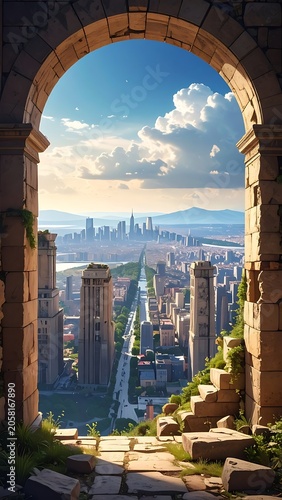 Ancient stone archway overlooking a modern cityscape