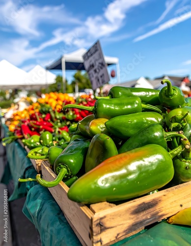 Crisp green peppers on a wooden crate at an outdoor market