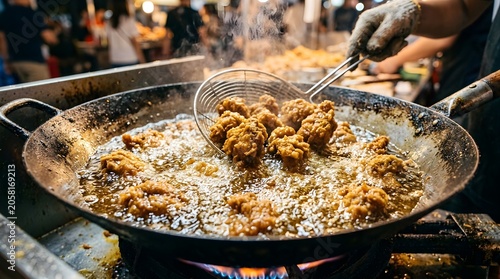 Crispy Fried Chicken Cooking in Hot Oil Wok
