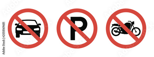 Parking restriction vector signs, car and bicycle prohibition symbols for urban traffic management, road safety, public signage.