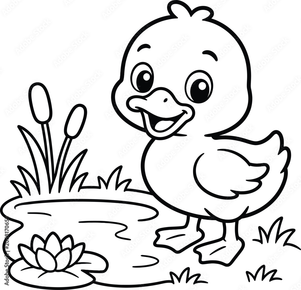 Fototapeta premium Cute cartoon duckling, black and white illustration, pond scene, vector graphics