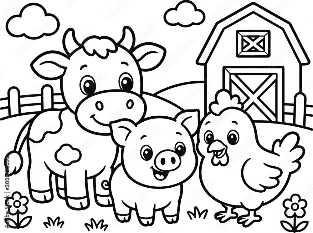 Obraz premium Farm animals, cow, pig, chicken, coloring book, vector illustration, farm scene, black and white