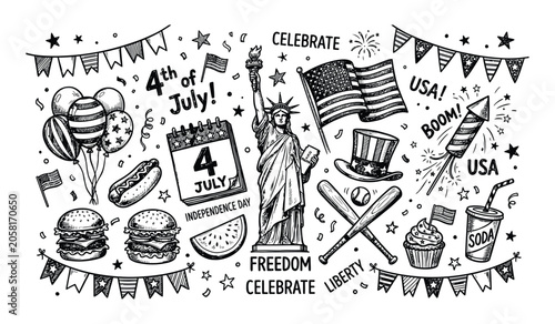 4th of July American Celebration Doodle with Patriotic USA Symbols