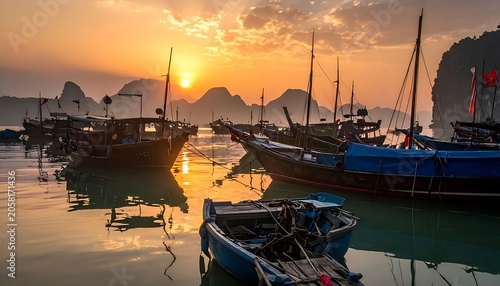 Serene harbor at sunset with boats and distant mountains