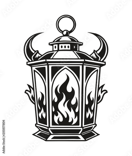 Fotografija Gothic lantern with demon horns and fire illustration, mysterious and spooky des