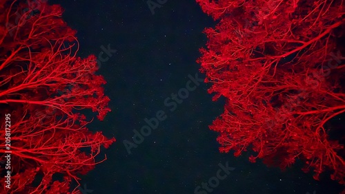Obraz na plátně Trees lit up with red rope lights