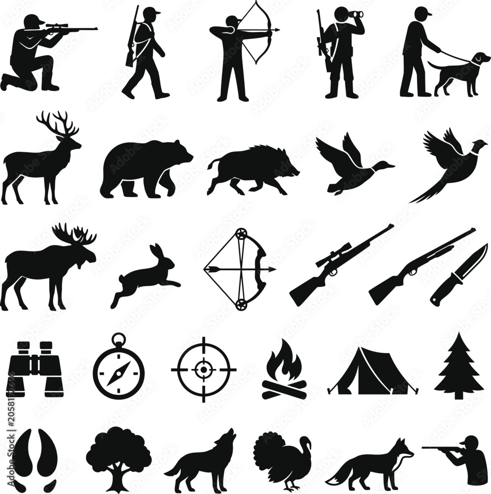 Obraz premium Hunter with rifle and dog, bow hunter, hunter watching, walking hunter, deer, bear, wild boar, ducks, pheasant, moose, rabbit, bow and arrow, shotgun, rifle, knif