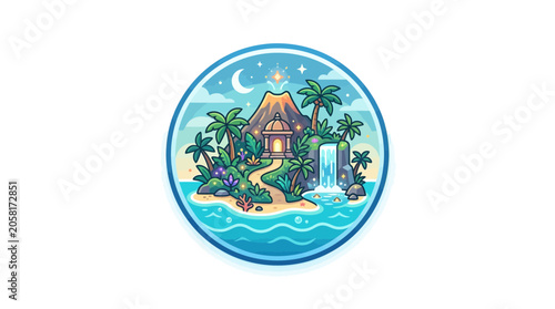 Tropical Island Paradise with Volcano, Waterfall, and Beach Hut