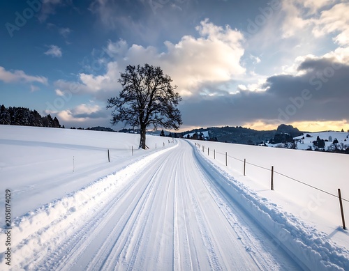 Snowy road with a tree