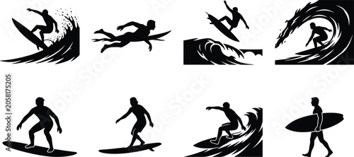 Photography Black silhouette illustrations of surfing activities including wave riding, padd