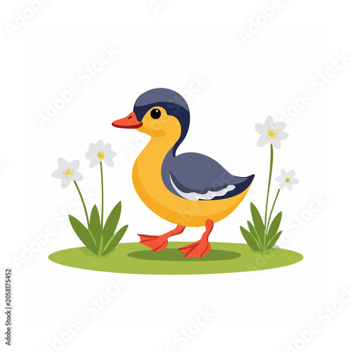 Cartoon Duckling with Flowers on White Background
